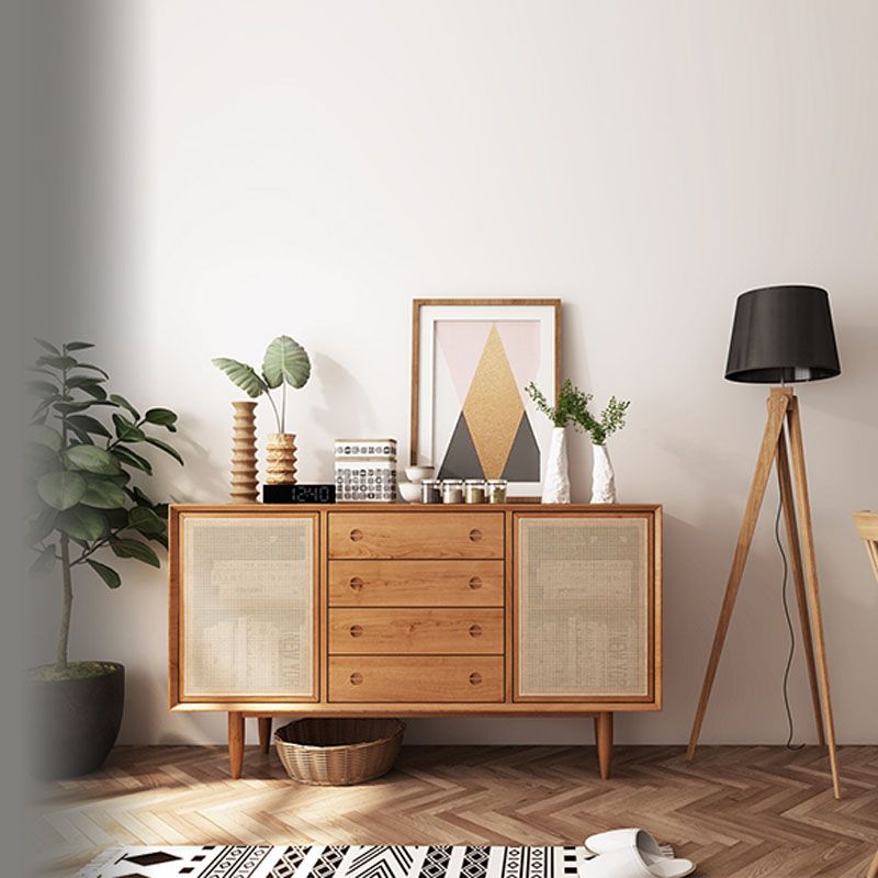 Contemporary Wicker Buffet Stand Pine Solid Wood Cabinets Sideboard with 5-Drawer