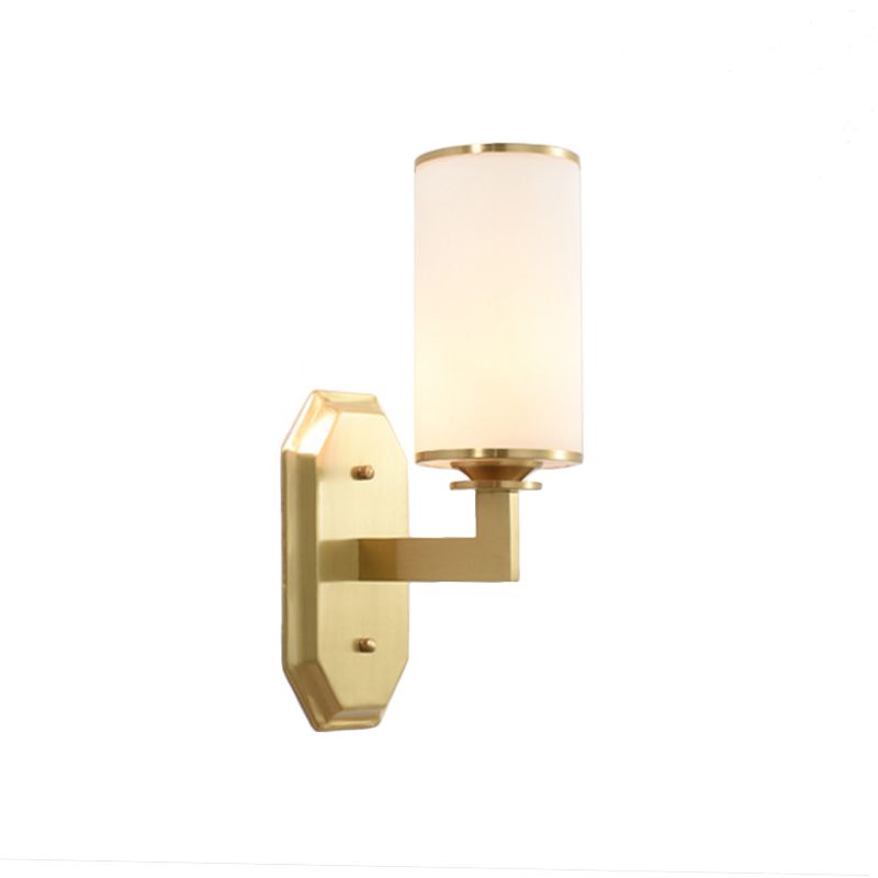 Modernism Cylindrical Sconce Light Opal Glass 1 Bulb Wall Lighting Fixture in Gold with Metal Arm