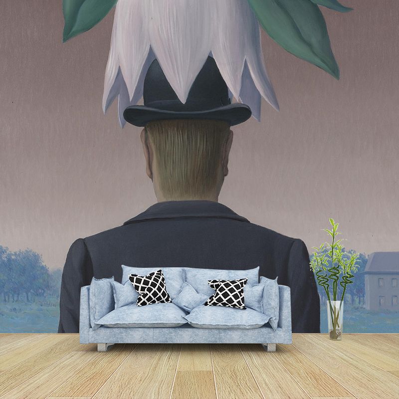 Black-Grey Surrealistic Wall Mural Large Man Wearing Flower Wall Covering for Living Room