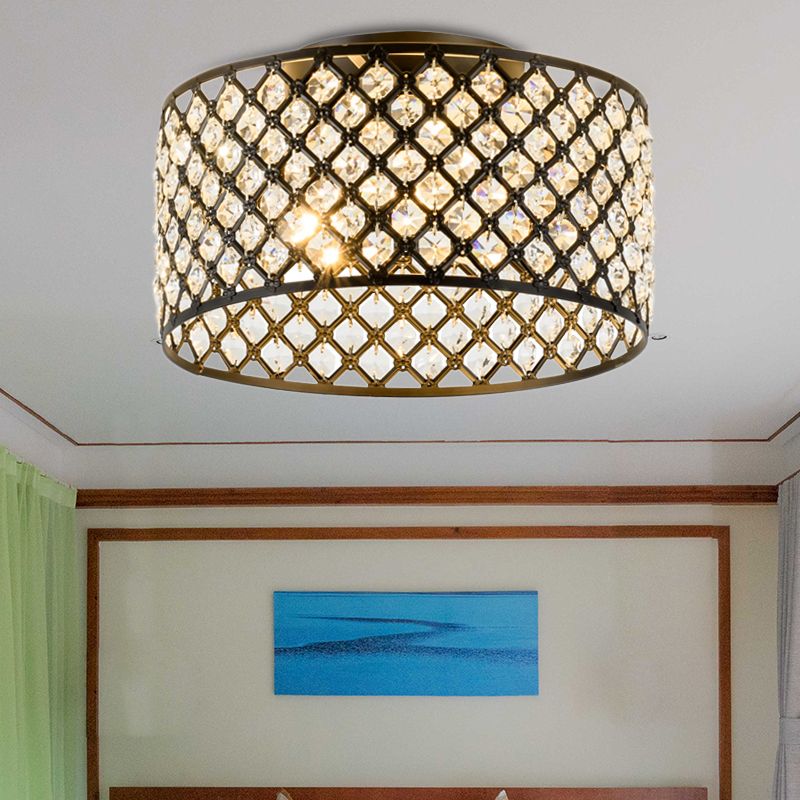 Modern 3 Lights Ceiling Light with Metal and Crystal Black Cylinder Flush Mount Light