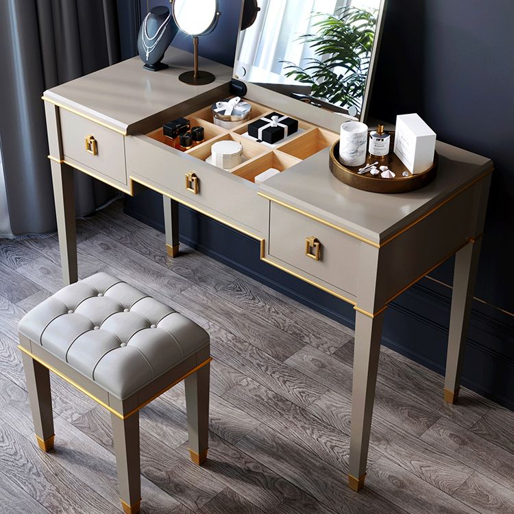 Solid Wood Make-up Vanity Mirrored Vanity Set with Padded Stool