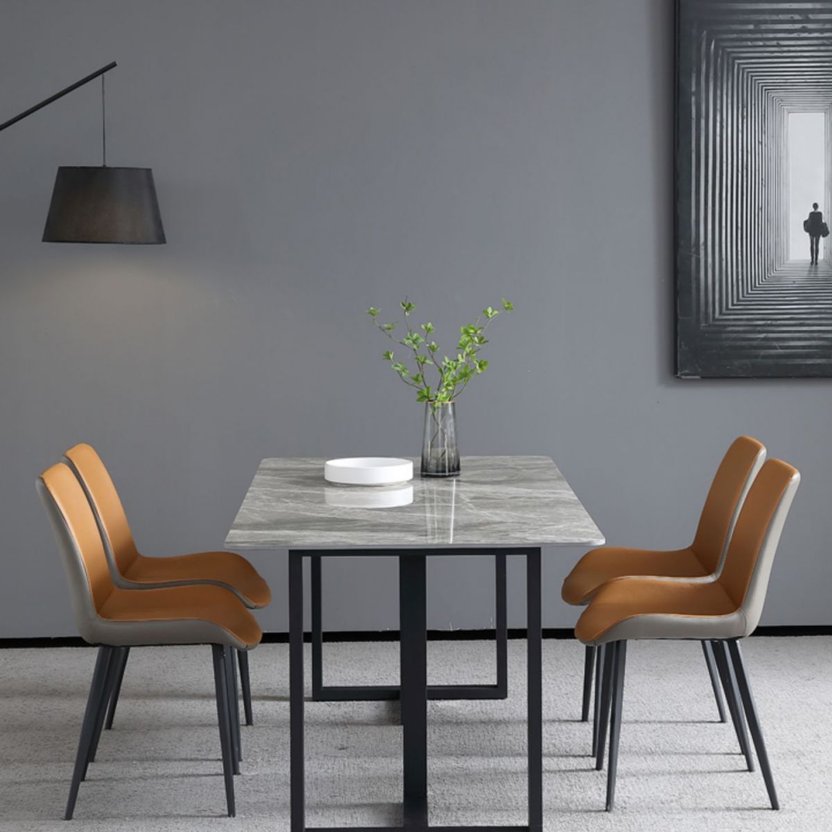 Industrial Grey Table for Restaurant Rectangle Dining Table with Double Pedestal