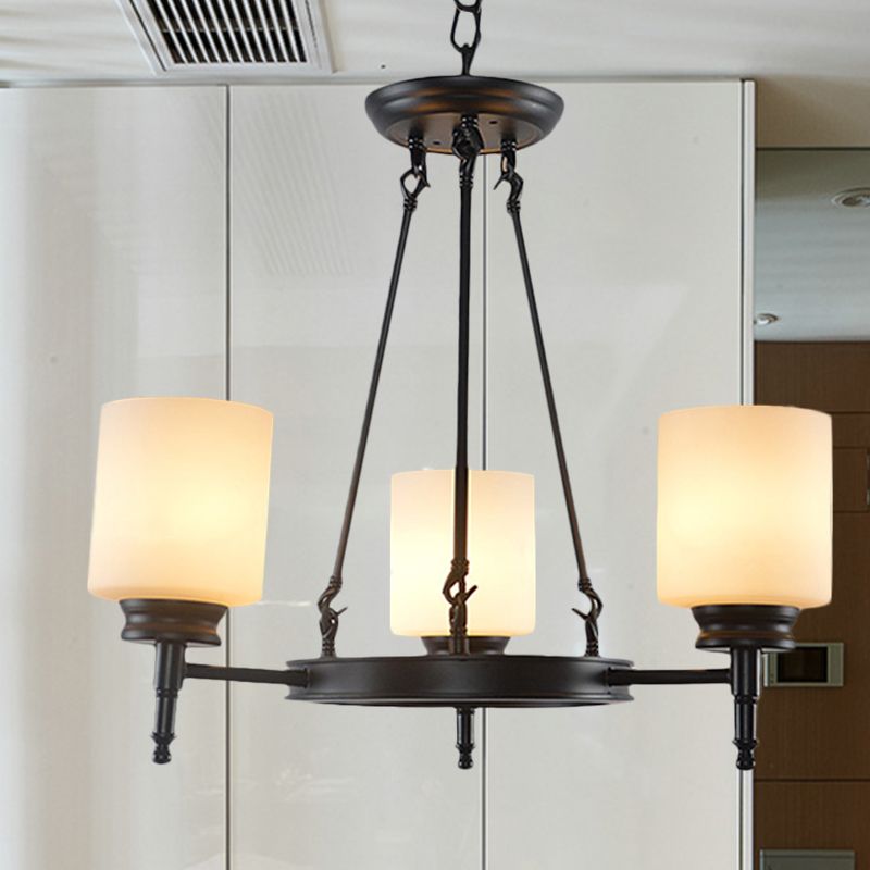 3/6 Lights Frosted Glass Chandelier Traditional Black Wheel Dining Room Hanging Ceiling Fixture with Cylinder Shade
