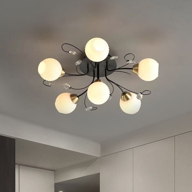 6 Heads Drawing Room Ceiling Lighting Modernism Black Semi Flush Mount with Ball Opal Lattice Glass Shade