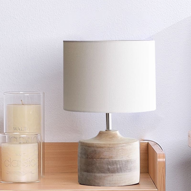 White Drum Shade Nightstand Lamp Retro Style Fabric 1-Bulb Bedside Reading Book Light