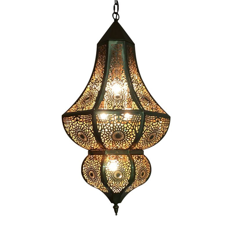 5 Lights Urn Pendant Chandelier Vintage Brass Metal Arab Hanging Lamp with Hollow Out Design
