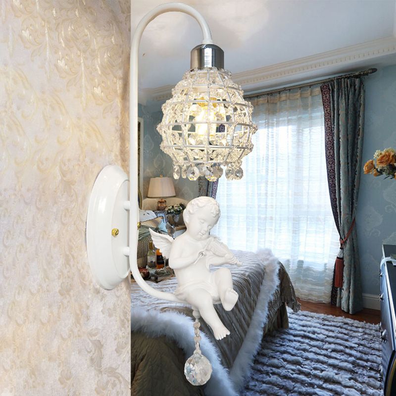 1 Light Wall Sconce Light with Globe Crystal and Angel Decoration Simple Corridor Wall Mount Light in White