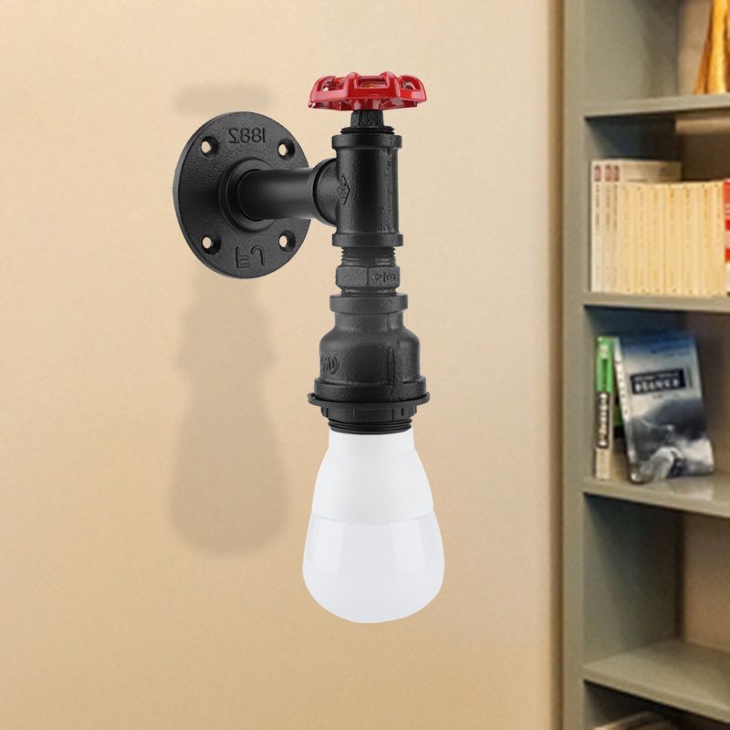 Black 1 Bulb Wall Sconce Farmhouse Iron Piping Wall Mount Lighting with Red Valve Deco for Corner