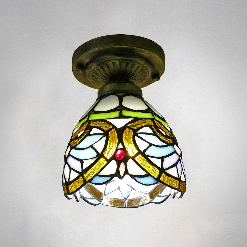 Dome Ceiling Light 1 Bulb Stained Glass Vintage Semi Flush Light Fixture for Corridor