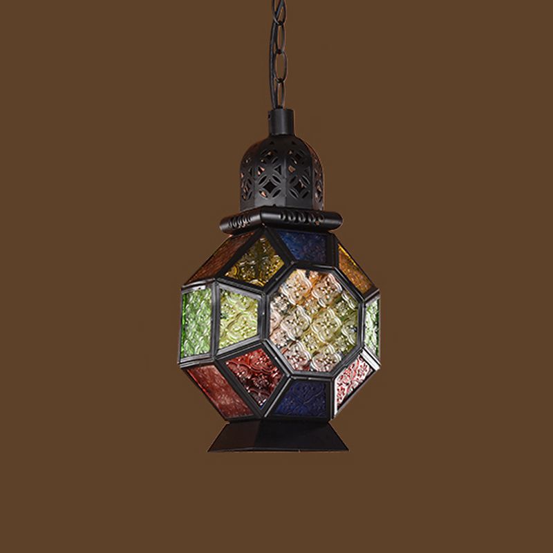 1 Light Pendant Light Fixture Decorative Restaurant Ceiling Lamp with Lantern Cut Glass Shade in Black/Bronze