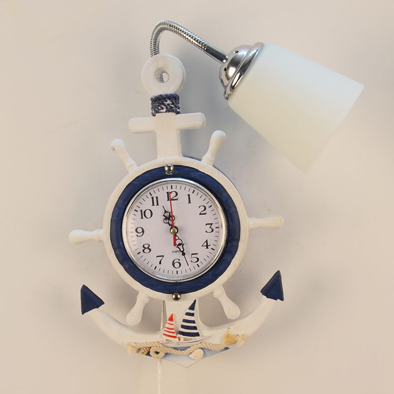 Kids 1 Bulb Sconce Lighting Wood White-Blue Flexible Gooseneck Wall Light with Glass Shade and Clock-Rudder Decoration