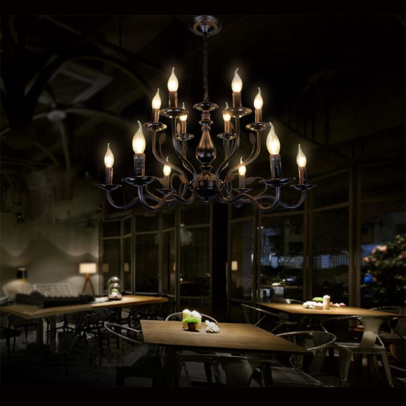2-Layers Living Room Large Chandelier Traditional Style Candlestick Styling Wrought Iron Lighting Fixture in Black
