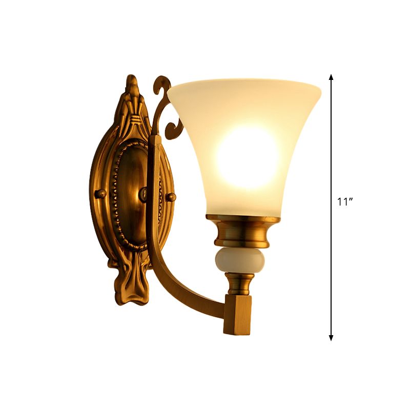 Flared Shade Bedroom Wall Lighting Vintage Style Frosted Glass 1/2-Light Brass Finish Wall Lamp