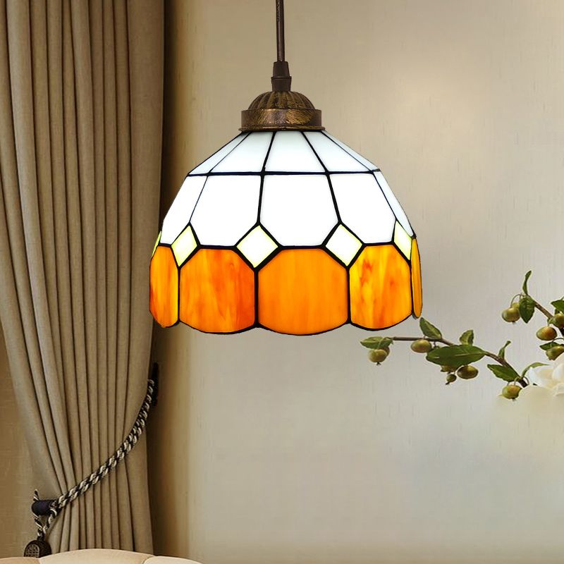Single-Bulb Ceiling Light Vintage Scalloped Dome Stained Glass Hanging Pendant Light