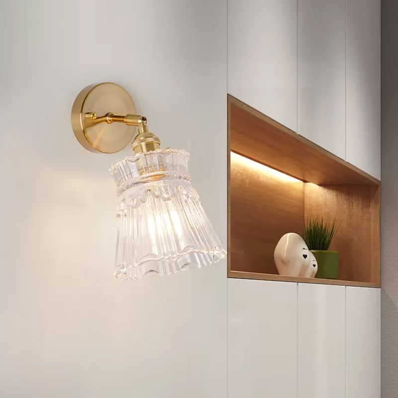 Conical Rotating Wall Light Kit Postmodern Clear Ribbed/Grid Glass 1 Light Gold Wall Mounted Lamp