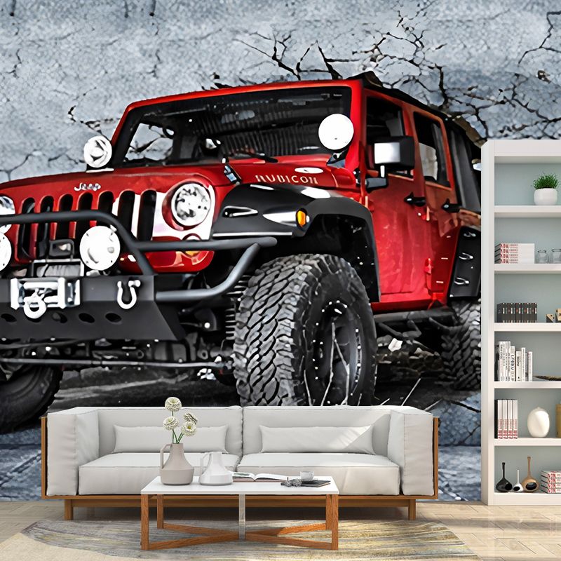 Whole Jeep Wall Art for Coffee Shop Cement Wall Mural in Grey and Red, Stain-Resistant
