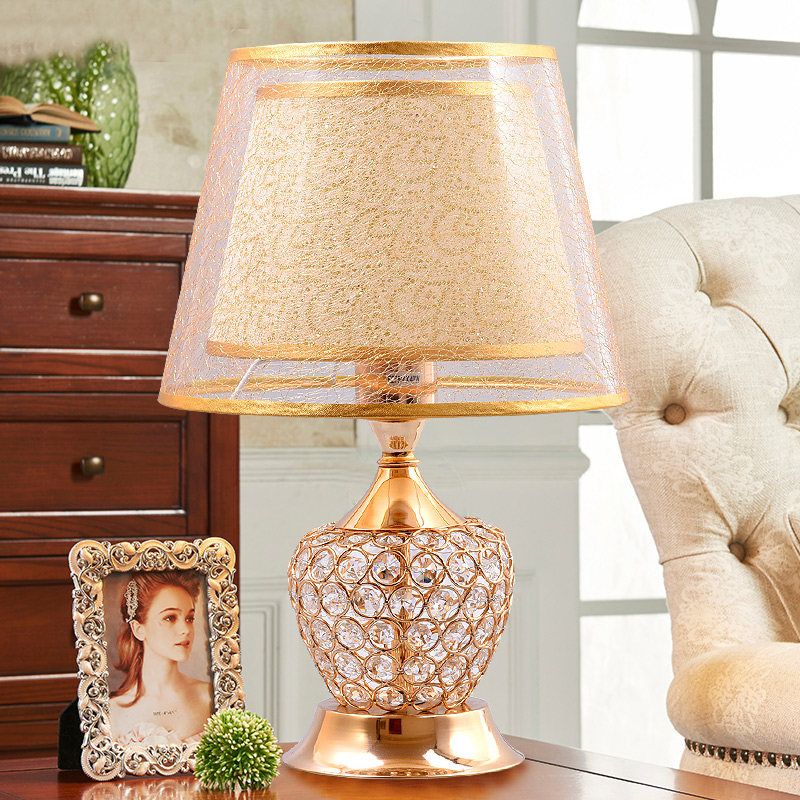Fabric Flared Shade Table Light Modern 1 Head Gold Small Desk Lamp with Crystal Bead