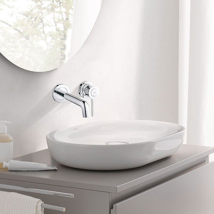 Wall Mounted Bathroom Faucet 2 Hole Faucets Low Arc Chrome Sink Faucet