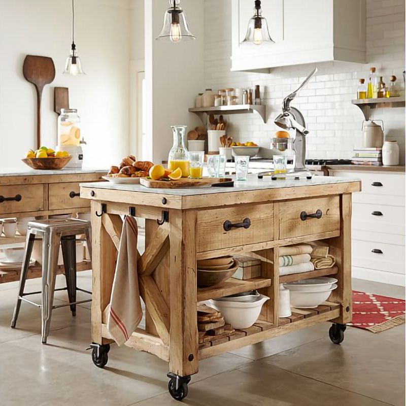 Modern Kitchen Island Table Dining Room Wooden Base Prep Table with Casters