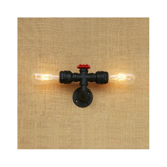 Matte Black 2 Bulbs Wall Mount Light Industrial Style Metallic Water Pipe Wall Lighting for Bedroom