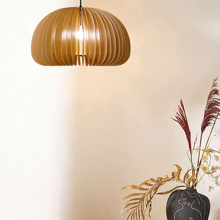 Pumpkin Shaped Wooden Hanging Lamp Modern 1-Light Suspension Light Fixture