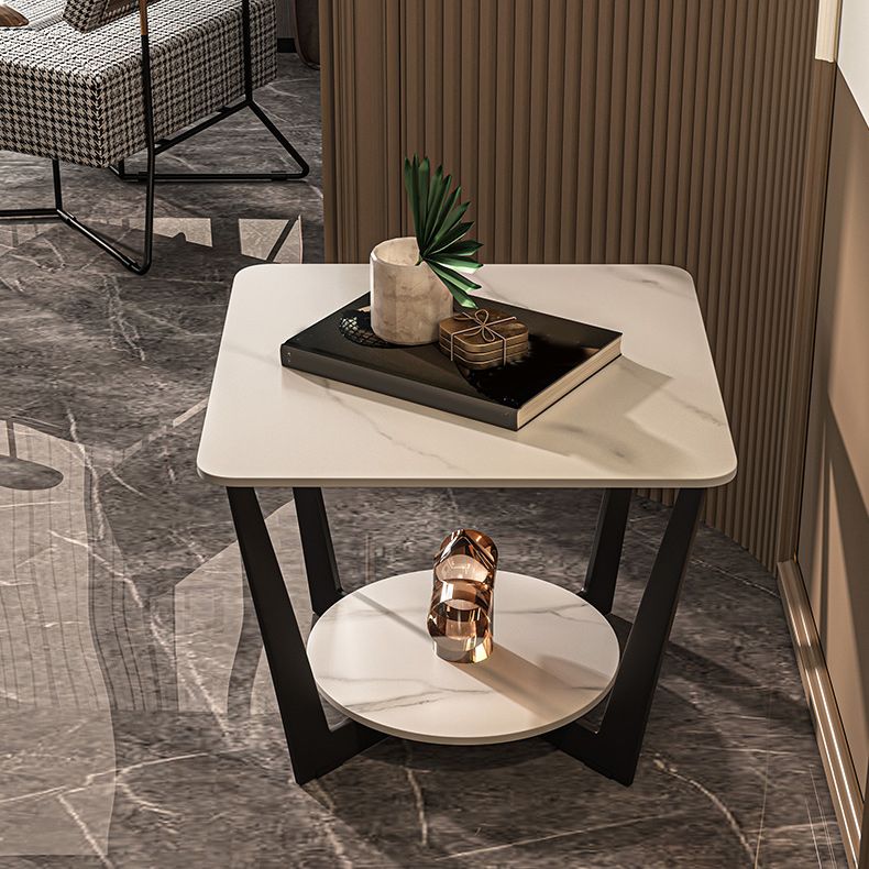 Contemporary Cross Legs End Table Square Slate Top End Table with Shelf