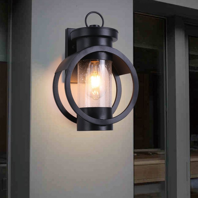 Industrial Style Black Wrought Iron Wall Sconce with Seeded Glass Cylinder Shade Single Bulb Outdoor Lighting Fixture