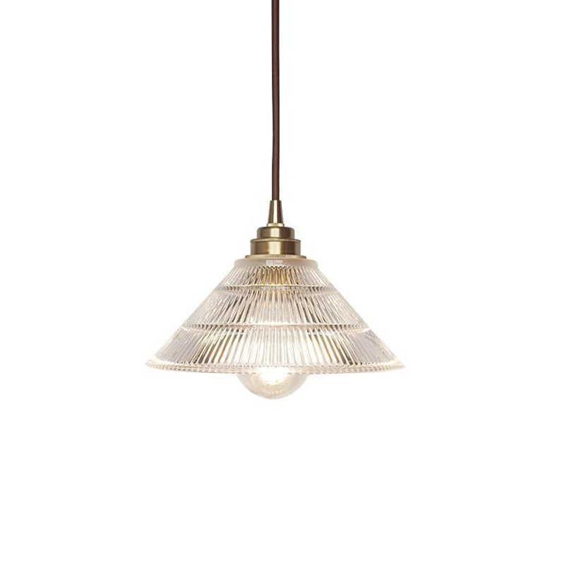 1-Light Clear Ribbed Glass Drop Lamp Industrial Brass Cone Shade Dining Room Ceiling Light