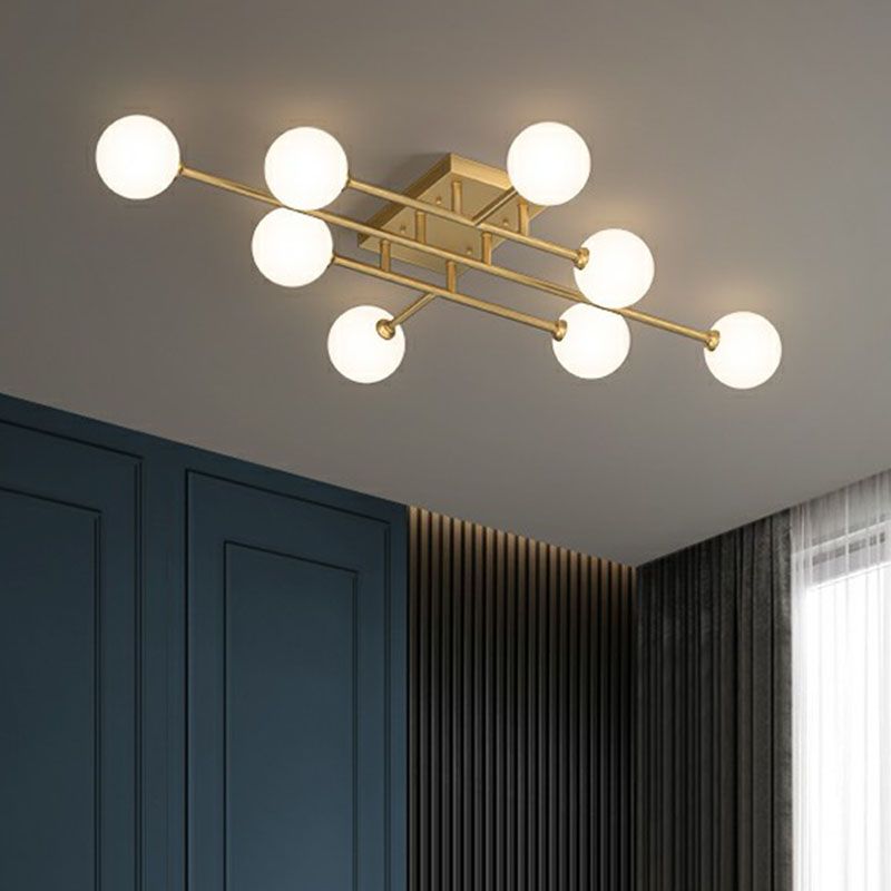 White Glass Balls Close to Ceiling Light Simplicity Gold Finish Semi Flush Mount Light Fixture