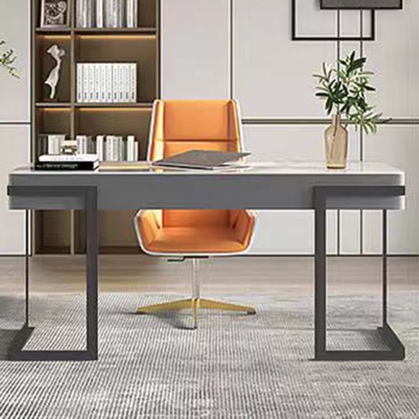 Glam Style 2-drawer Office Desk Sintered Stone Top Desk with Stainless Steel Legs
