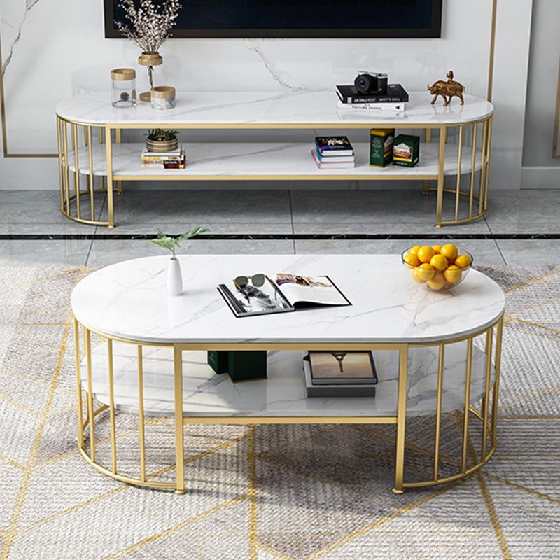 Glam Marble Coffee Cocktail Table Frame Oval Coffee Table with Shelf