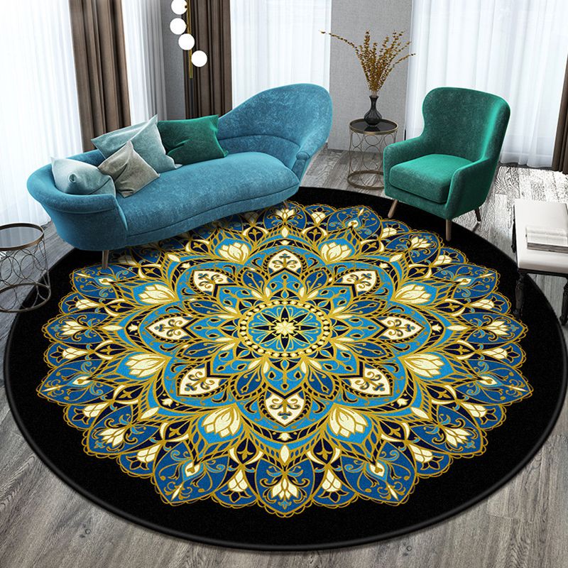 Moroccan Round Rug Medallion Print Indoor Rug Stain Resistant Polyester Area Rug for Living Room