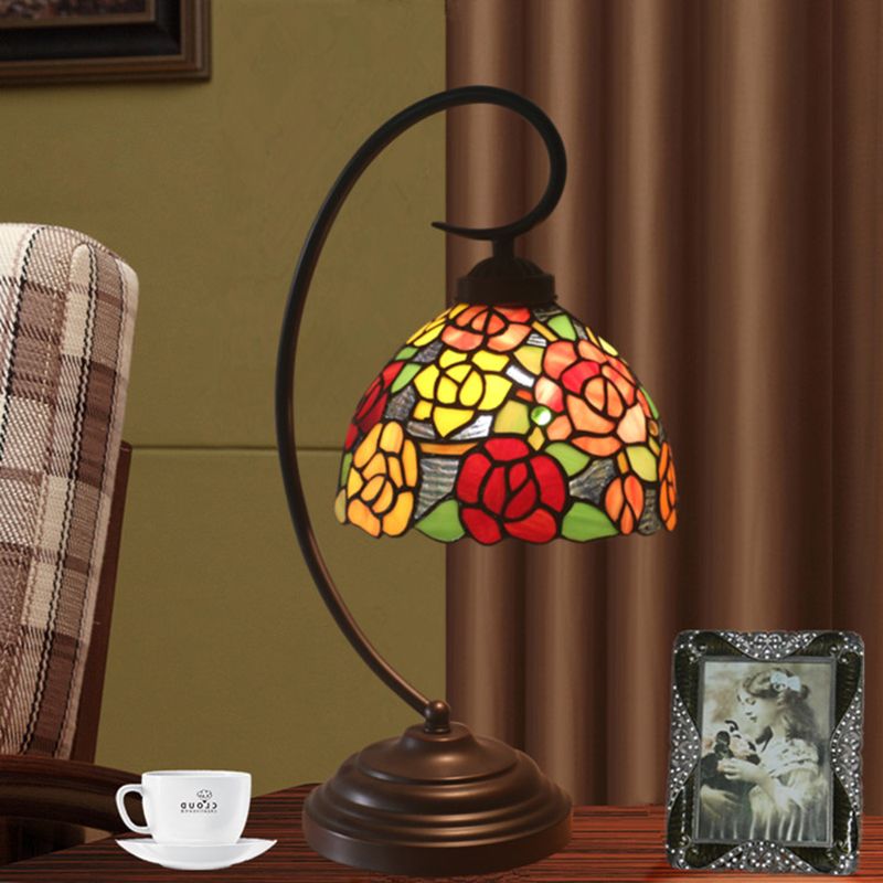 Rose Patterned Night Lamp 1-Head Stained Art Glass Victorian Nightstand Light in Dark Coffee with Swirl Arm