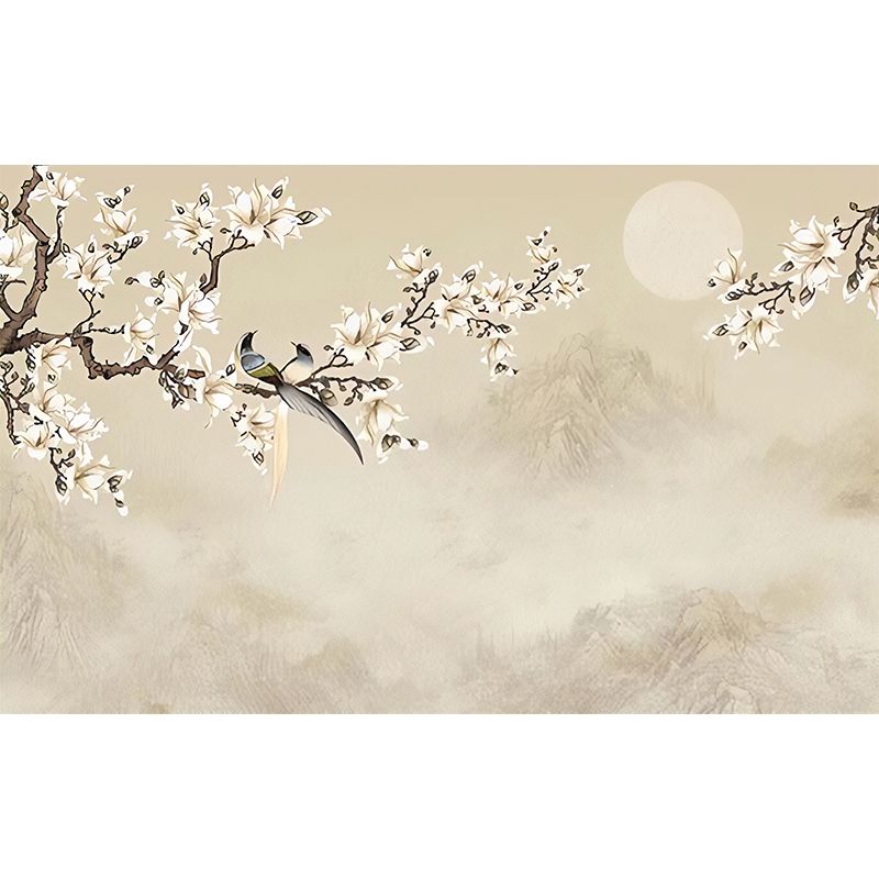 Asia Inspired Magnolia Wall Mural for Accent Wall, Personalized Size Wall Decor in Pastel Brown