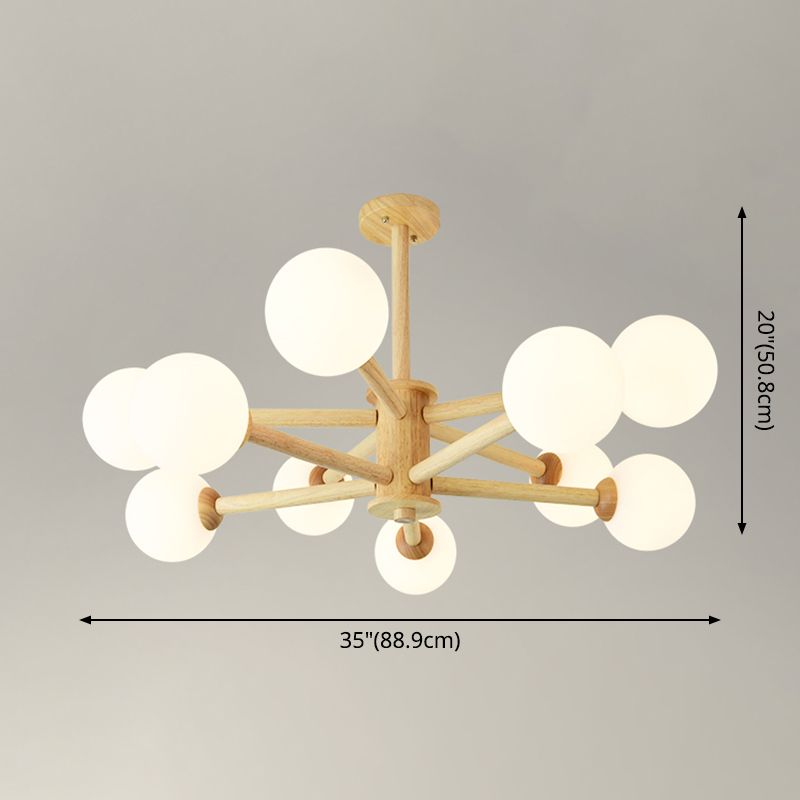 Beige Solid Wood Hanging Light Simplicity Modern Style White Frosted Glass Shade Chandelier Lamp for Living Room Bedroom