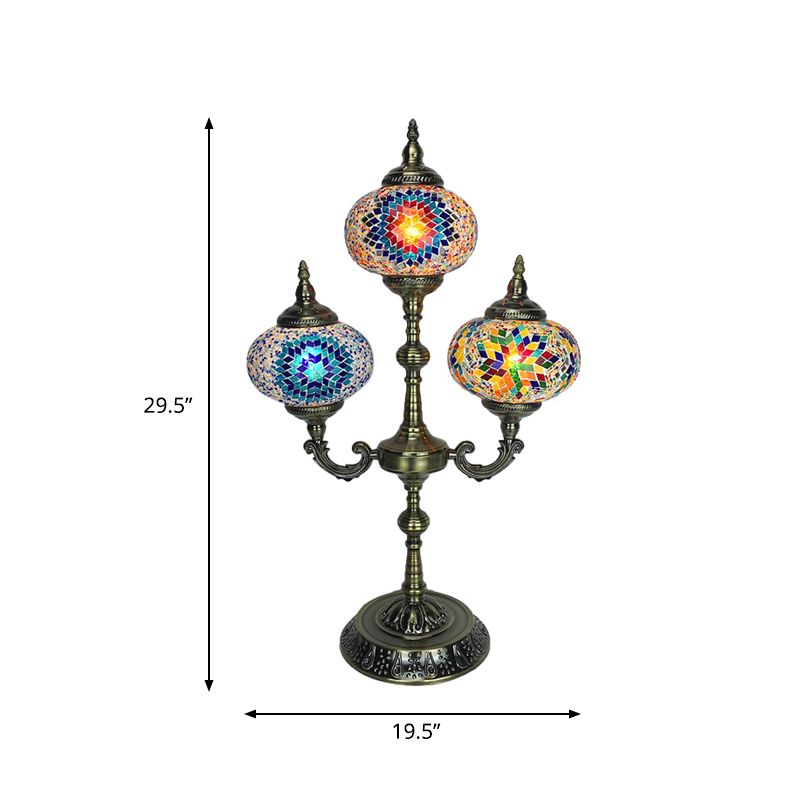 Ovaal slaapkamer nachttafellamp traditionele gebrandschilderd glas 3 koppen geel/blauw klein bureaubricht