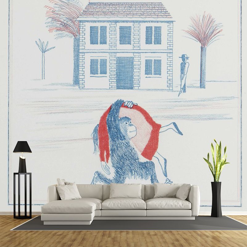 Monkey in House Front Murals Red and Blue Artistry Wall Decoration for Living Room