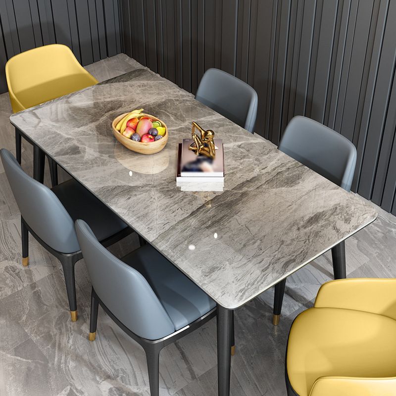 Stone Top Dining Table Modern Rectangle Table with 4 Metal Legs in Black