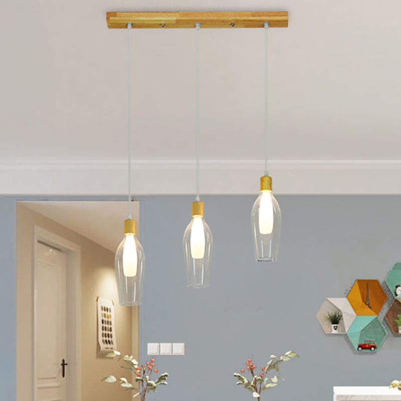 Tulip Clear Glass Multi Light Pendant Chandelier Modern 3-Bulb Wood Hanging Ceiling Lamp