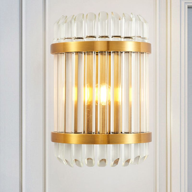 1/2 Lights Bedside Wall Sconce Modern Style Golden Wall Mount Light with Cylinder Clear Crystal Shade, 12"/21.5" W