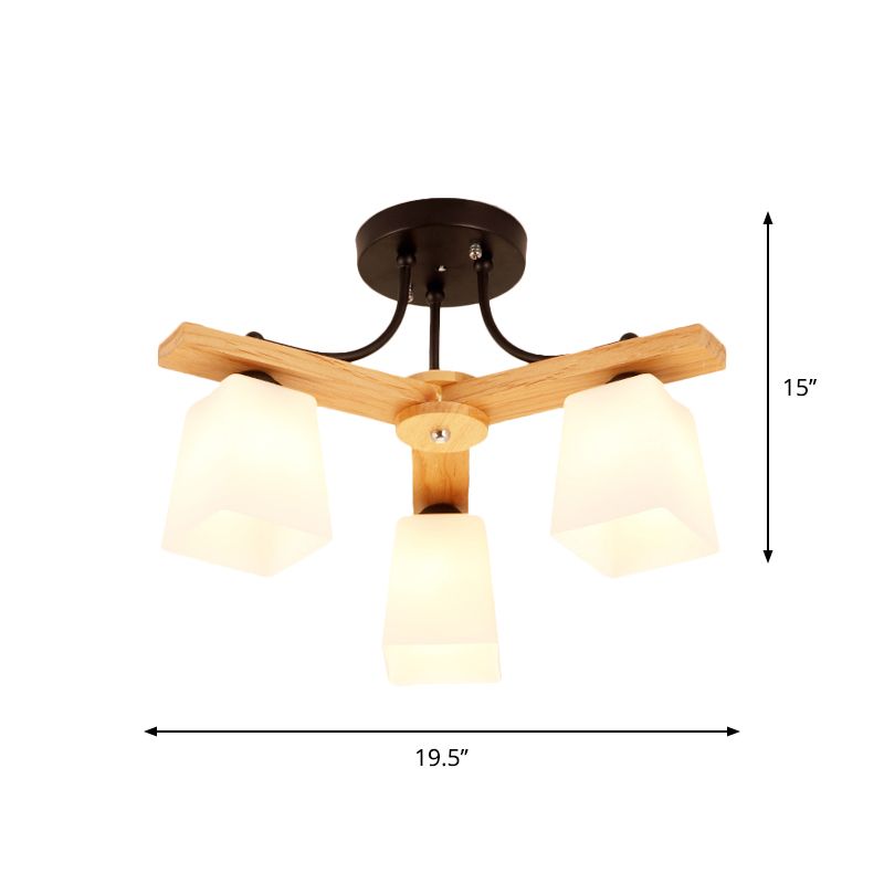 3/6/8 Lights Living Room Semi Flush Nordic Black and Wood Flush Mount Ceiling Chandelier with Square Milk Glass Shade
