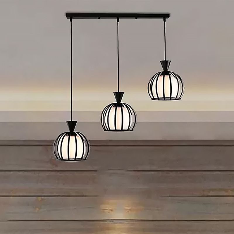 Metal Dome Cage Ceiling Pendant with Milk Glass Shade Retro Style 3 Bulb Indoor Hanging Light in Black/White