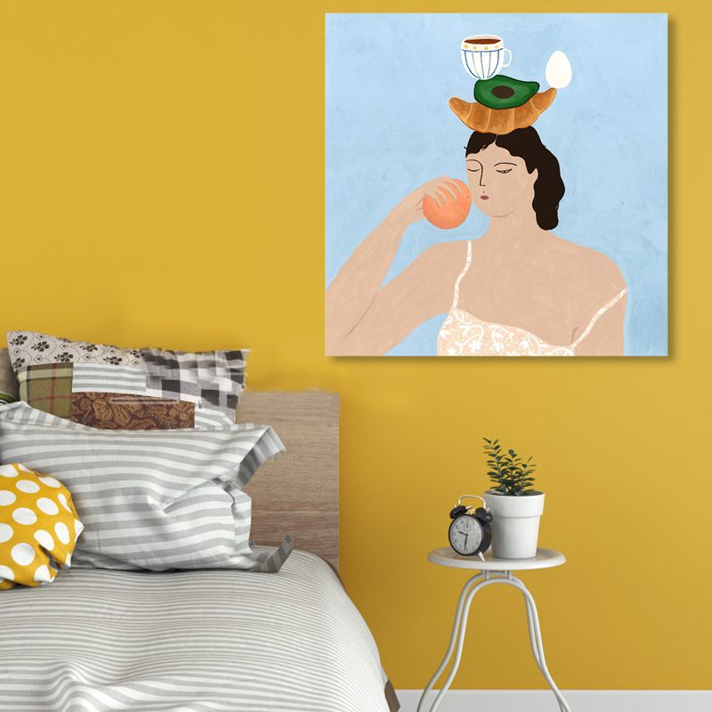 Illustration Maiden Wall Art Decor Textured Modern Girls Room Wrapped Canvas in Light Color