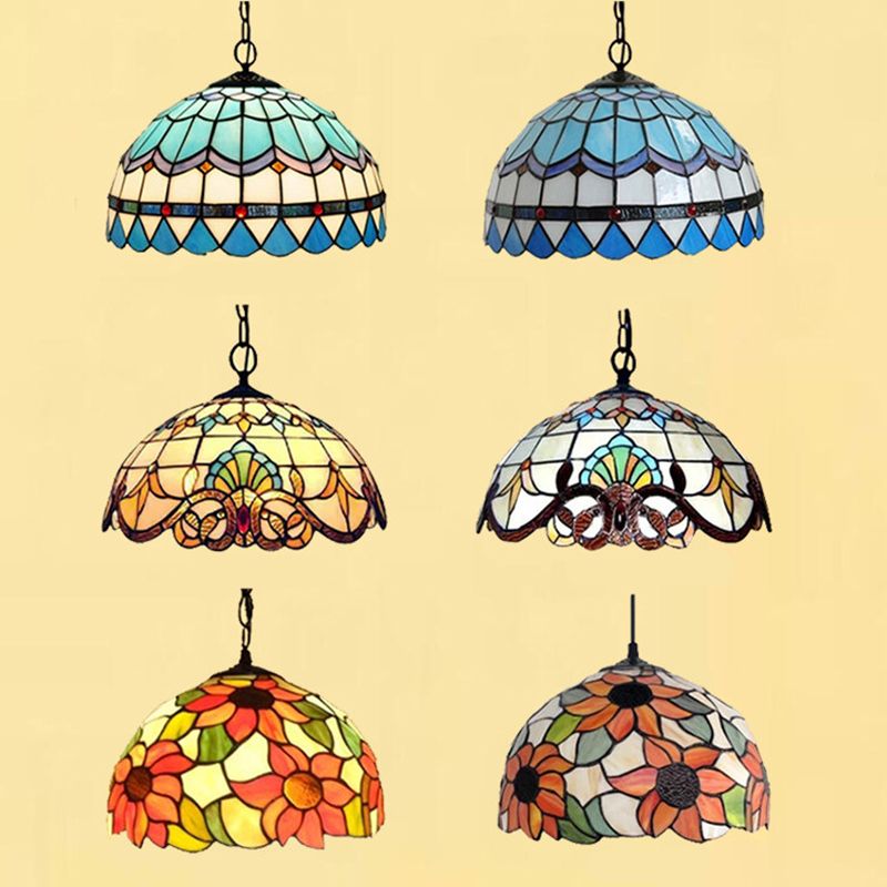 Baroque Stained Art Glass Hanging Lamp Kit Bowl Shape Ceiling Pendant Light for Hallway