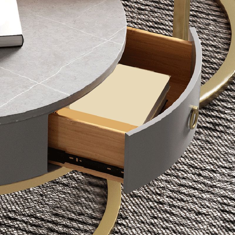 Modern Style Tempered Glass & Rock Sheet Top Gold Metal Base Round Coffee Table