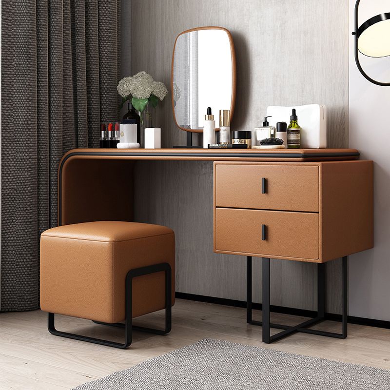 Vanity Mirrored Faux Leather Makeup Dressing Table Stool Set, 28.74"