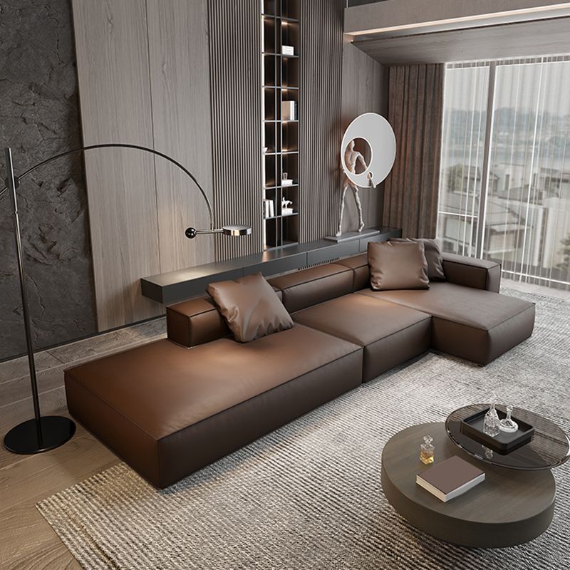 Modern Sectional Set, Genuine Leather Square Arm Sectional sofa, Brown