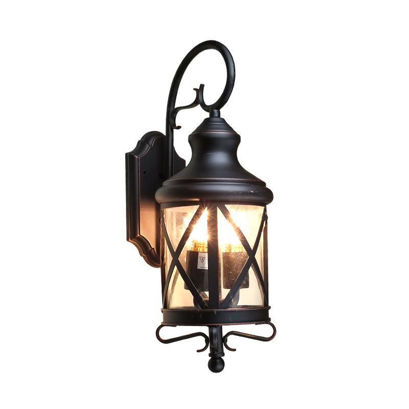 Iron Black Wall Lighting Fixture Lantern 2 Bulbs Rural Wall Sconce with Clear Glass Shade