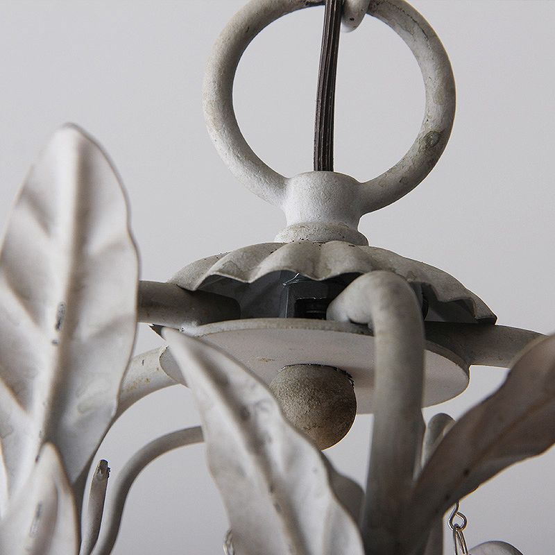 Metal Leaf Chandelier Lamp Modernism 5 Bulbs Grey/Distressed White Suspended Lighting Fixture with Crystal Drop