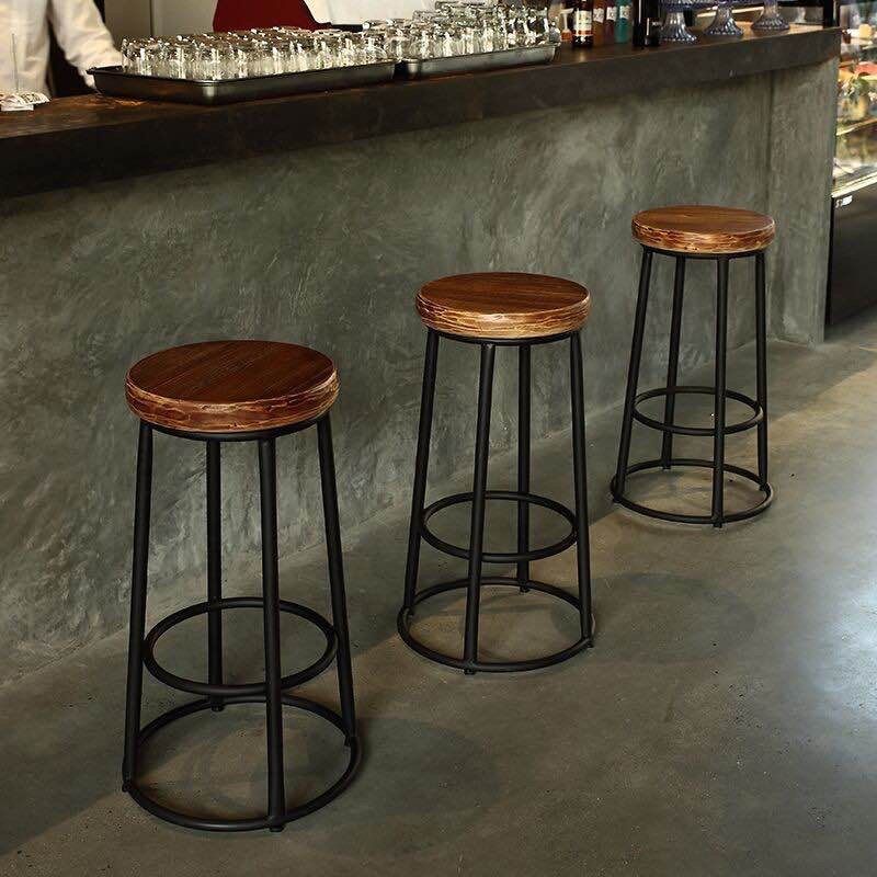 Industrial Round Bar Stools Solid Wood Black Footrest Counter Stool for Shop